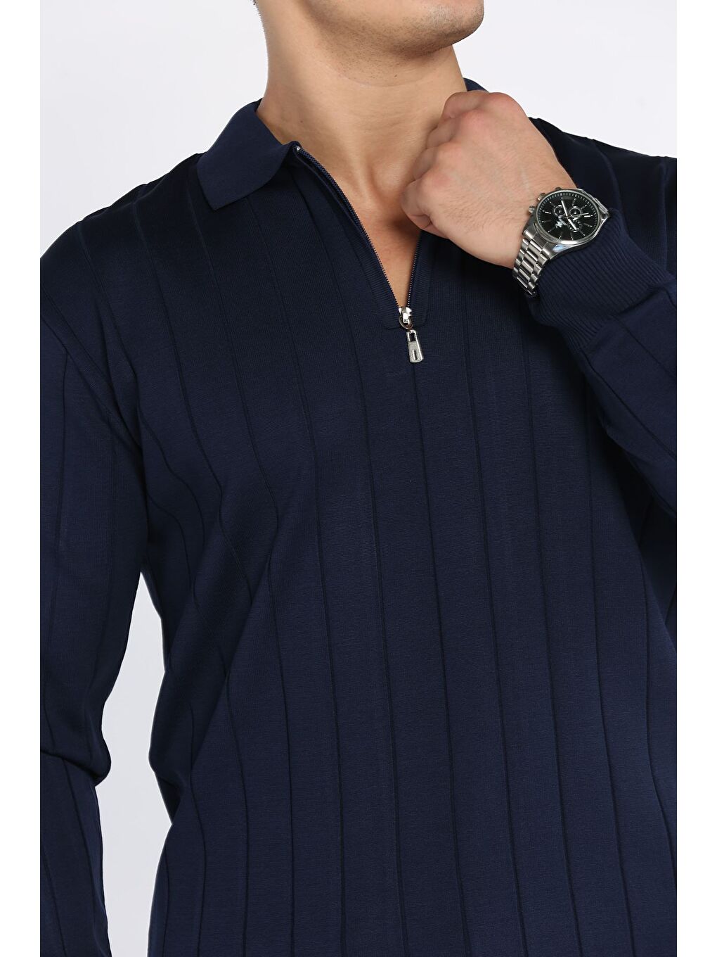 Lacivert Polo Yaka Yarım Fermuarlı Erkek Triko Kazak-3