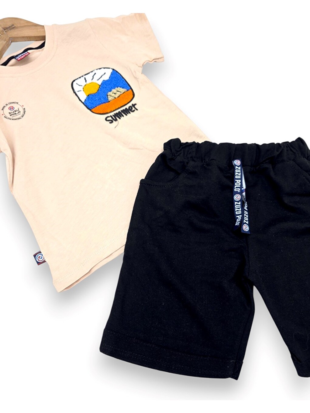 Bej Erkek Çocuk Yazlık Nakışlı T-shirt Ve Şortlu 2'li Alt Üst Takım-5