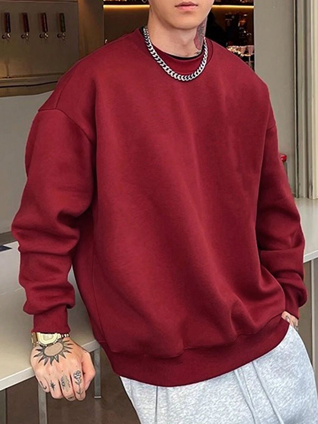 Erkek Bordo Düz Bisiklet Yaka New Sweatshirt