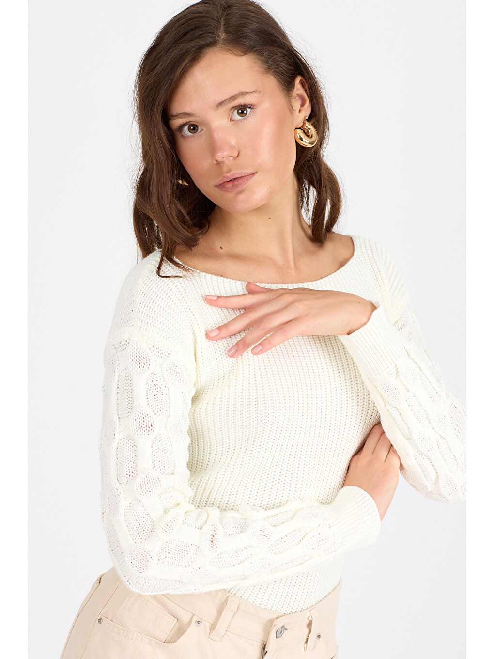 Ekru Kadın Selanik Örgü Triko Bluz 2699 (Standart Beden s-m-l-xl Beden Uyumludur)-3