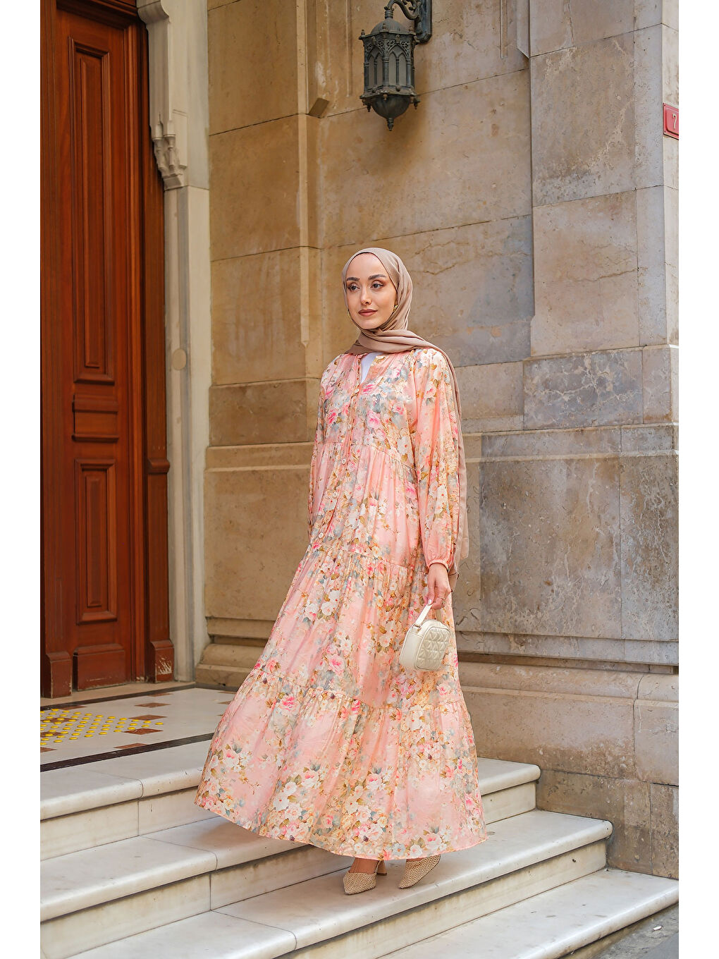 Pembe Kadın Çiçek Desenli Elbise Somon-3