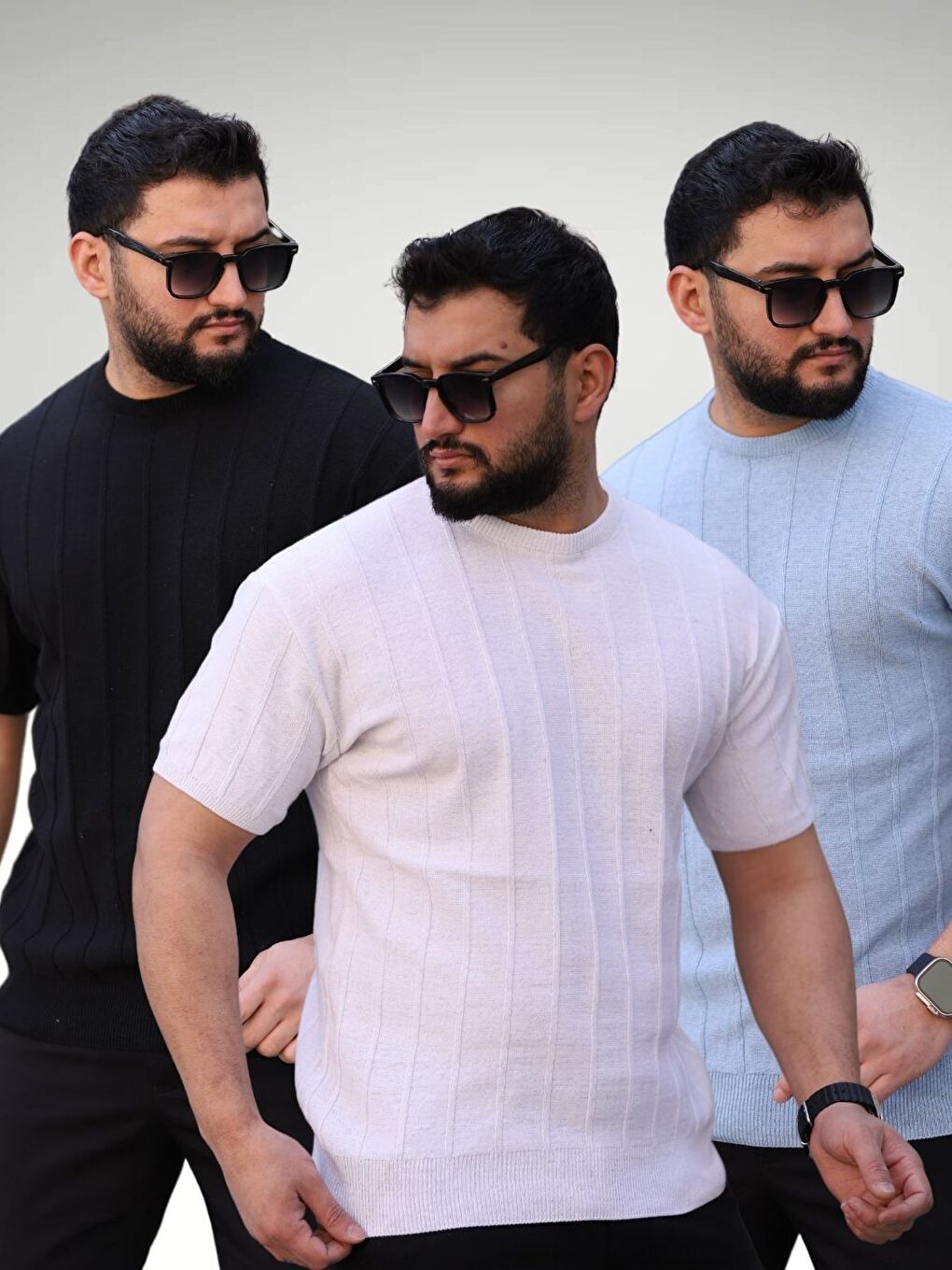 Siyah Beyaz Bebe Mavisi 3'lü Set Bisiklet Yaka Kabartma Triko Örme  Kısa Kollu Tişört