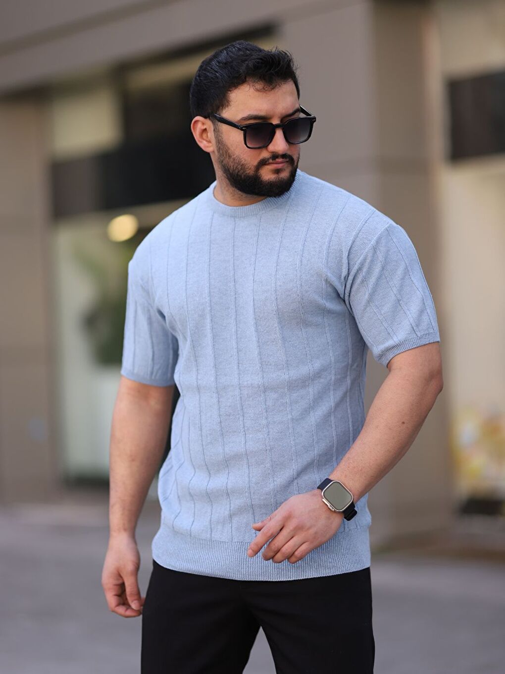 Siyah Beyaz Bebe Mavisi 3'lü Set Bisiklet Yaka Kabartma Triko Örme  Kısa Kollu Tişört-2