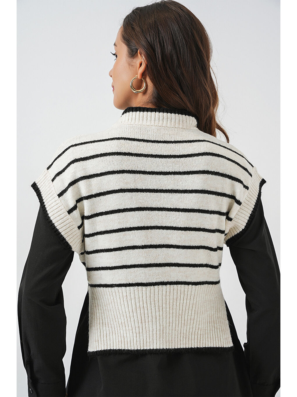 Kadın Çizgili Triko Süveter 15926 - Ekru-5