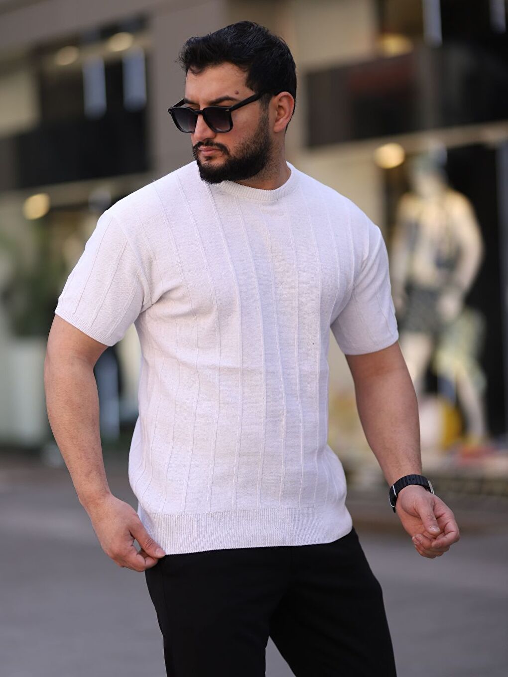 Siyah Beyaz Bebe Mavisi 3'lü Set Bisiklet Yaka Kabartma Triko Örme  Kısa Kollu Tişört-3