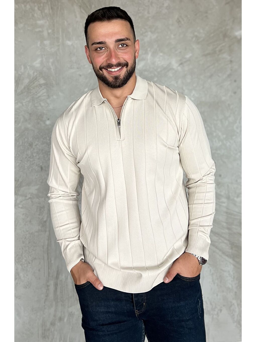 Bej Polo Yaka Yarım Fermuarlı Erkek Triko Kazak