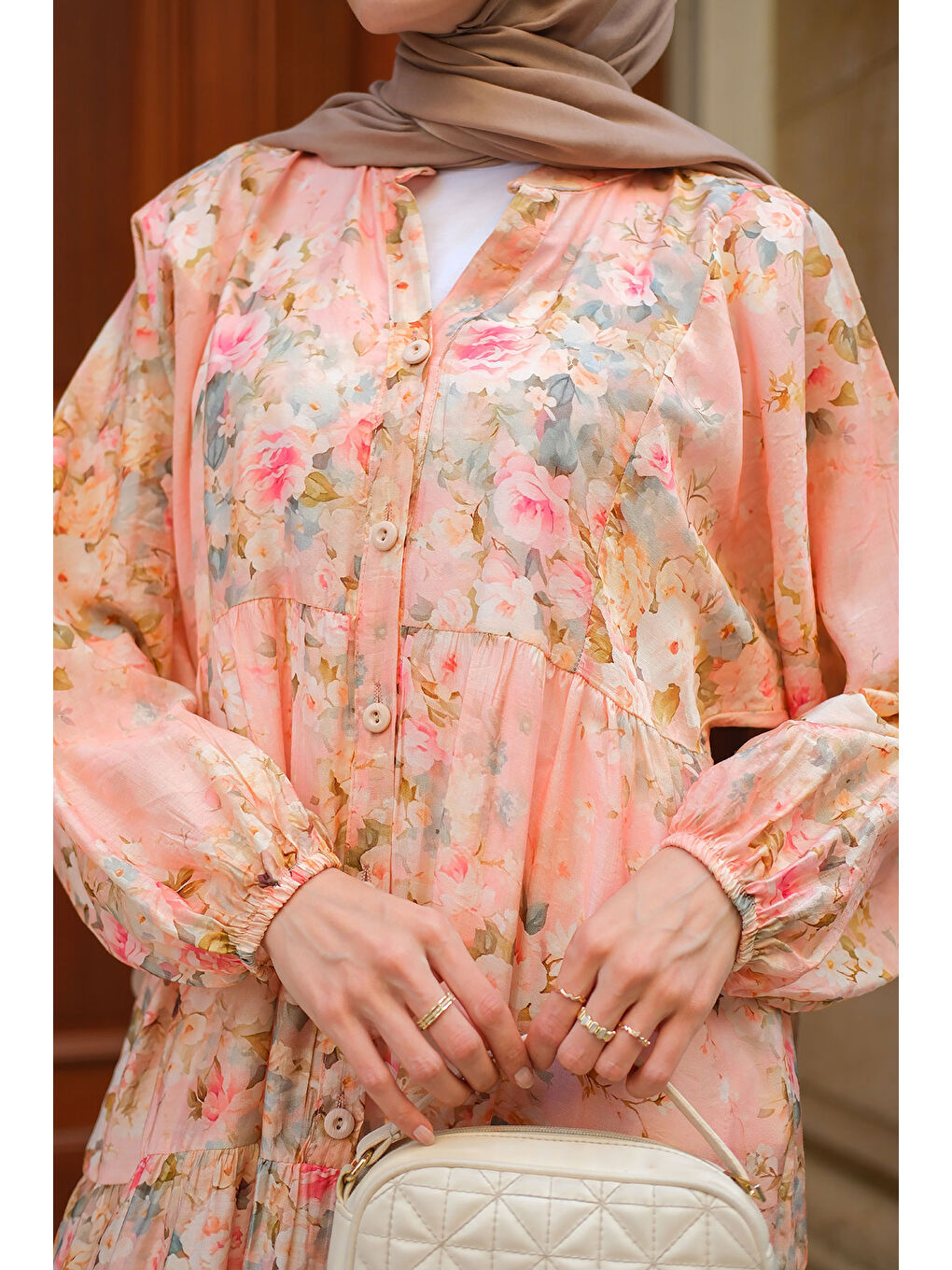 Pembe Kadın Çiçek Desenli Elbise Somon-4