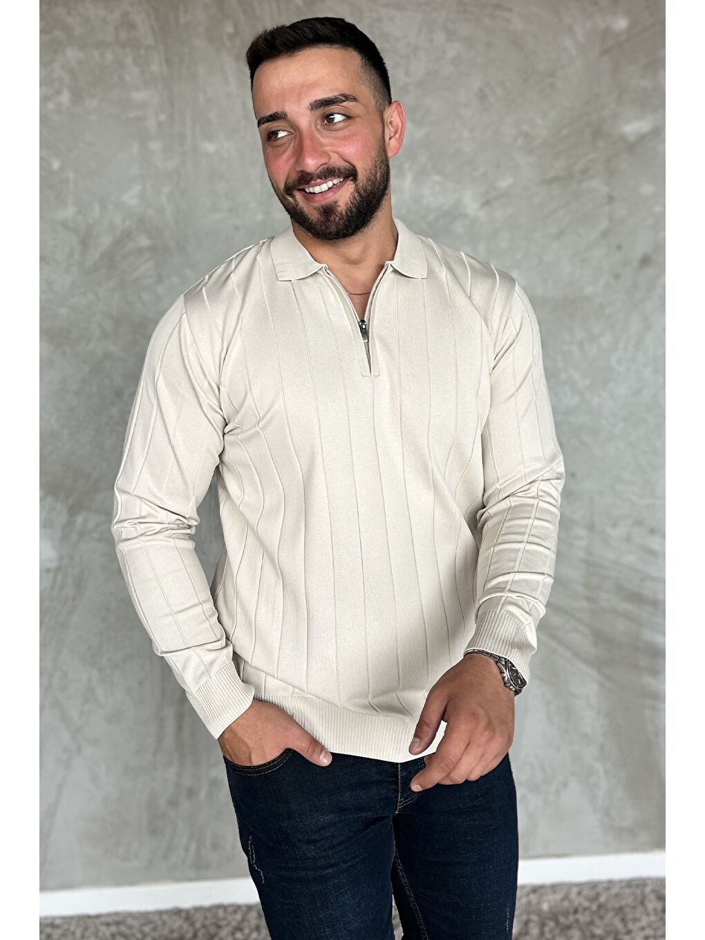 Bej Polo Yaka Yarım Fermuarlı Erkek Triko Kazak-1