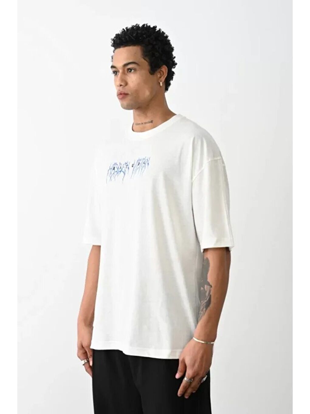 Unisex Baskılı Oversize T-Shirt - Beyaz-1