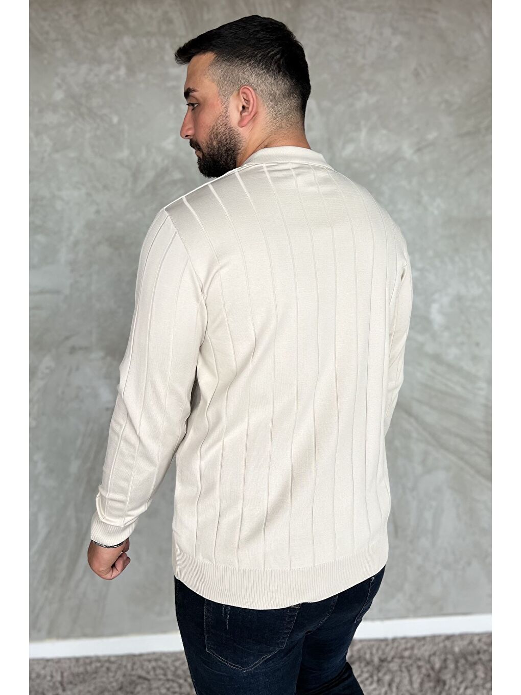 Bej Polo Yaka Yarım Fermuarlı Erkek Triko Kazak-2