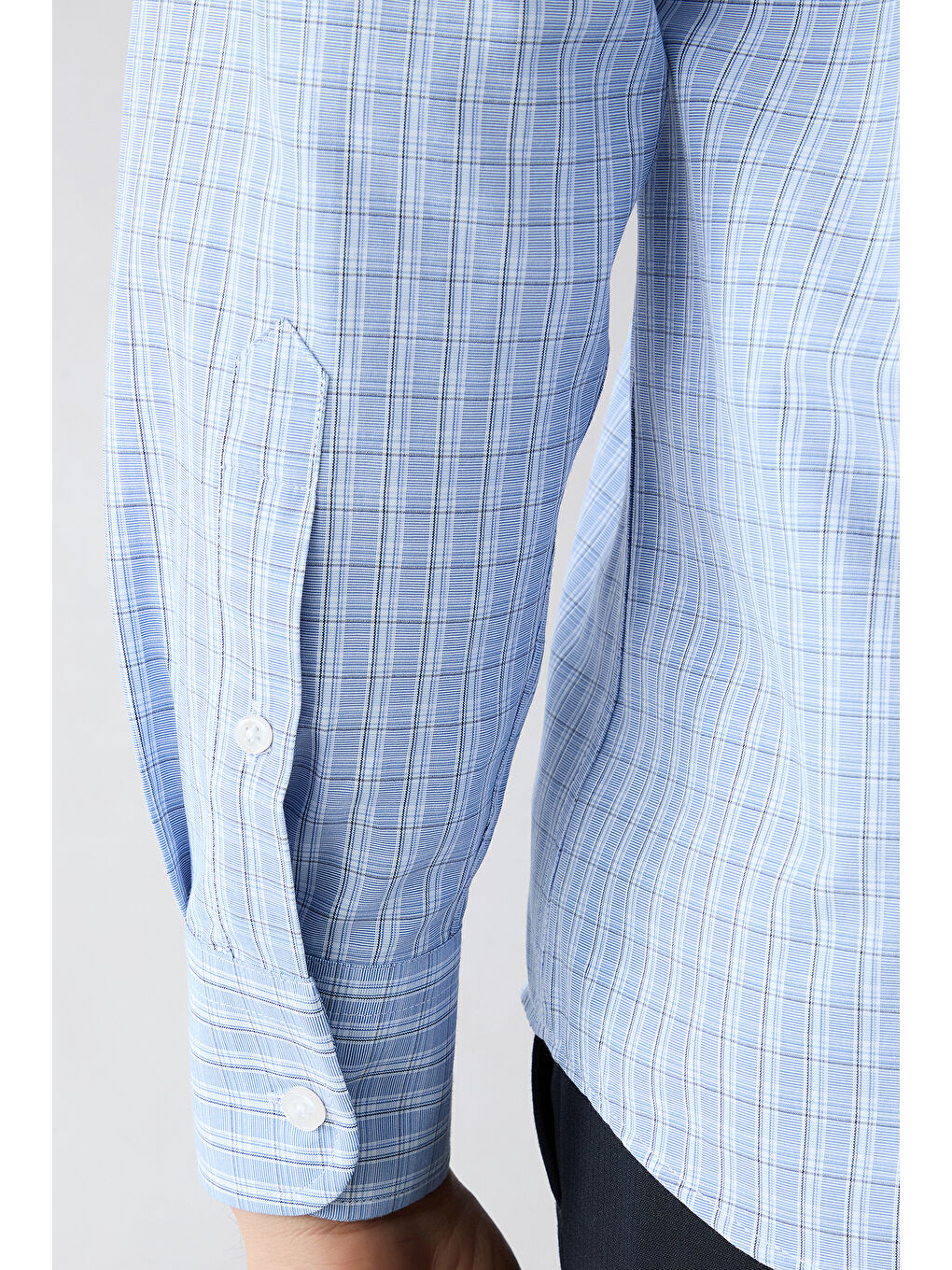 Mavi Uzun Kol Slim Fit Cepli Ekose Pamuklu Kolay Ütülenebilir Gömlek-2