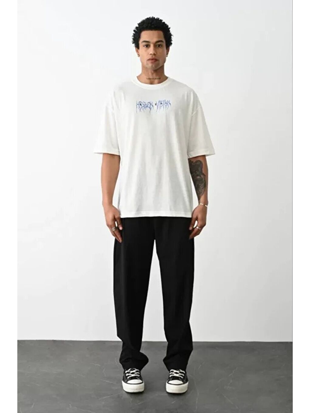 Unisex Baskılı Oversize T-Shirt - Beyaz-2