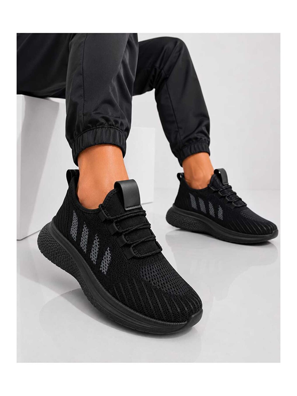 Siyah Unisex Hafif Taban, Nefes Alabilen, Triko Yüzey, Günlük Yürüyüş Spor Sneaker Ayakkabı-4