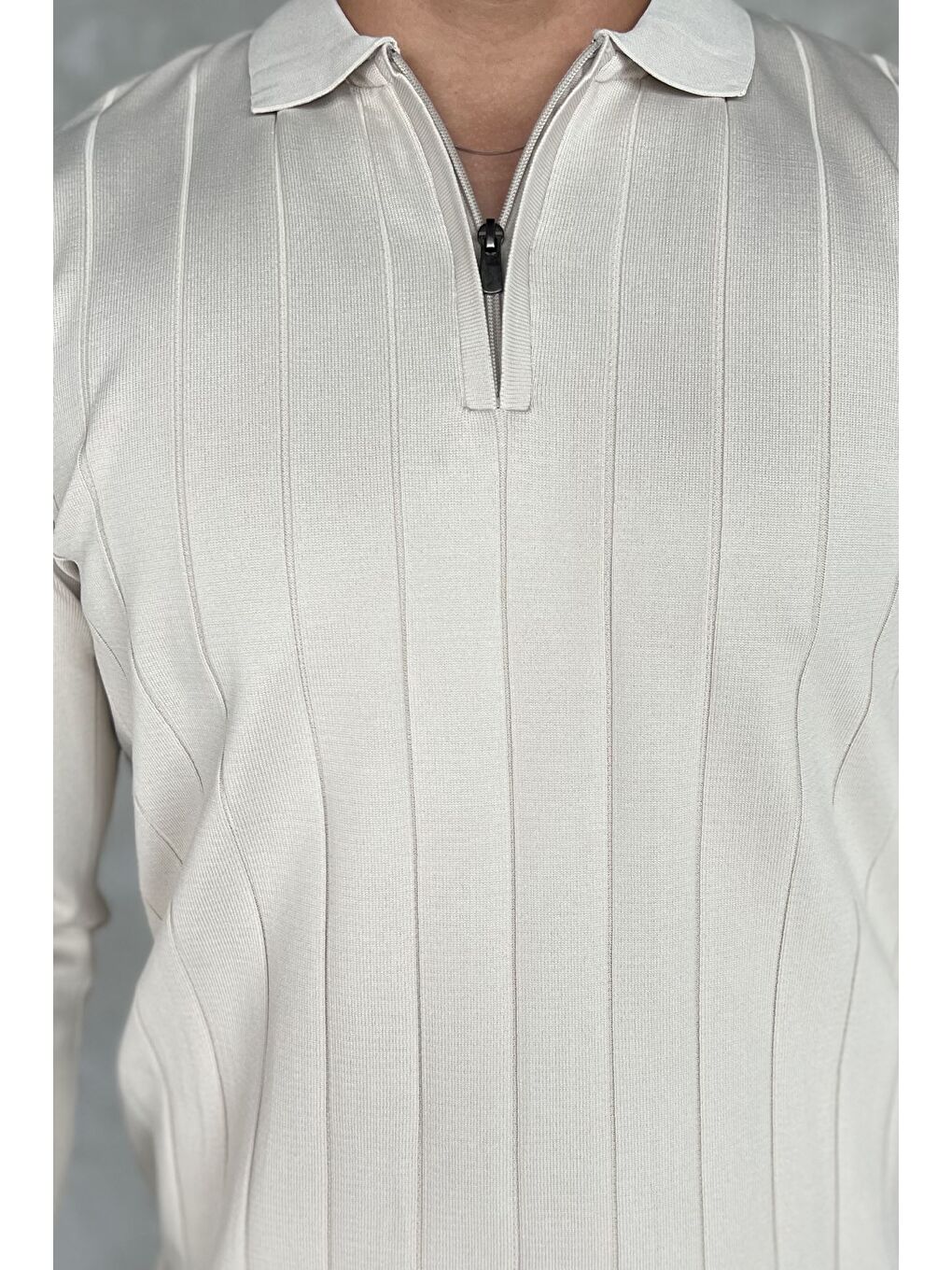 Bej Polo Yaka Yarım Fermuarlı Erkek Triko Kazak-3