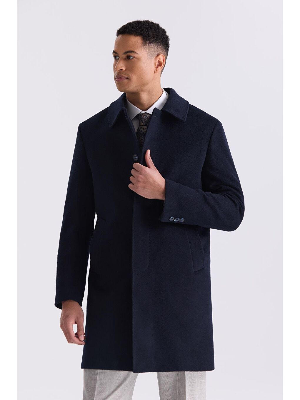 Koyu Lacivert Comfort Fit Berberi Yaka Yünlü Kaşe Kaban