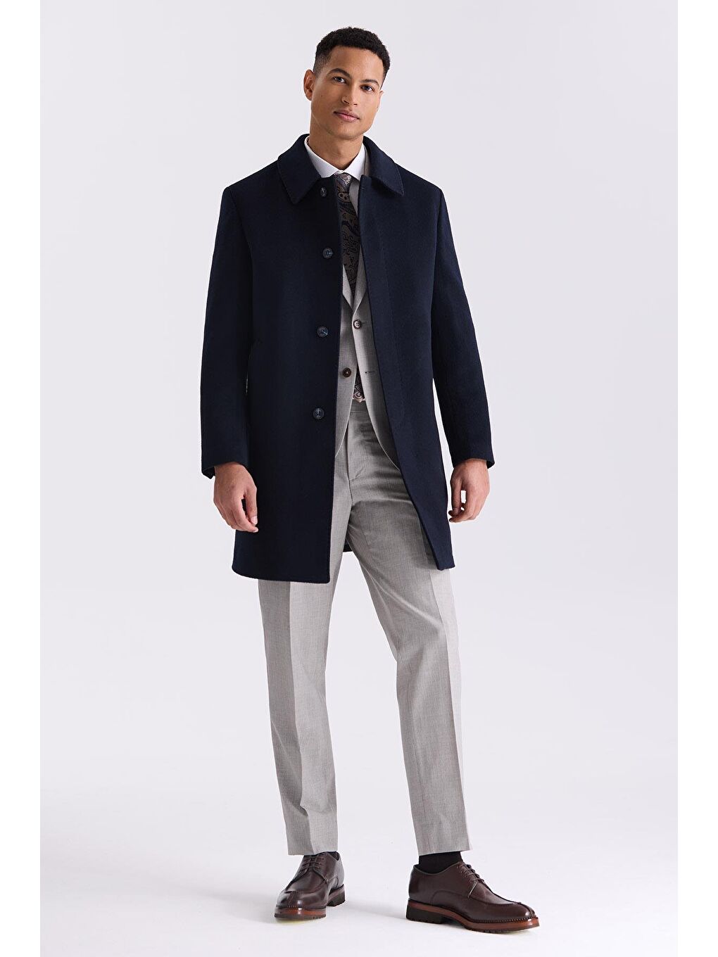 Koyu Lacivert Comfort Fit Berberi Yaka Yünlü Kaşe Kaban-1