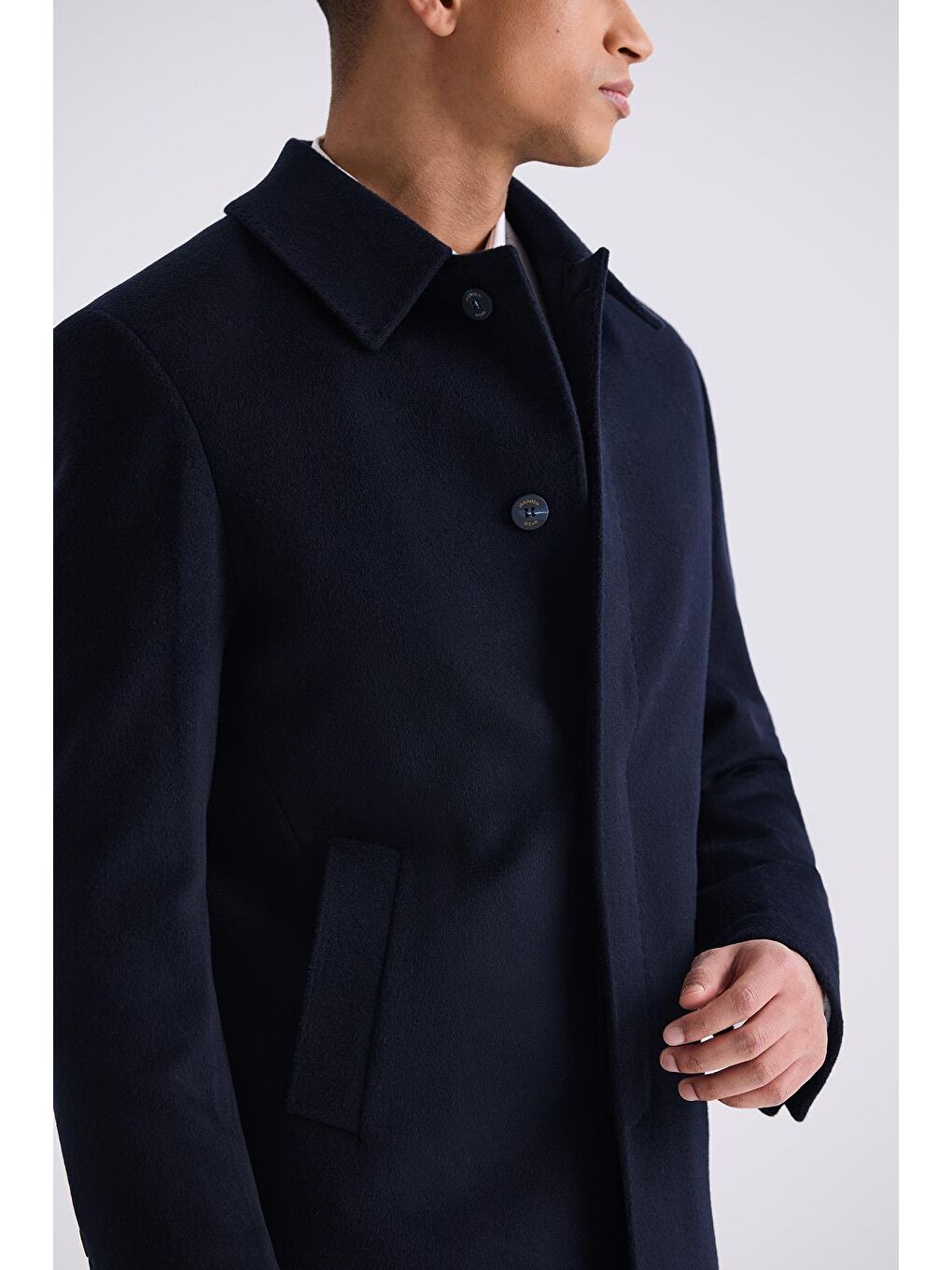 Koyu Lacivert Comfort Fit Berberi Yaka Yünlü Kaşe Kaban-2