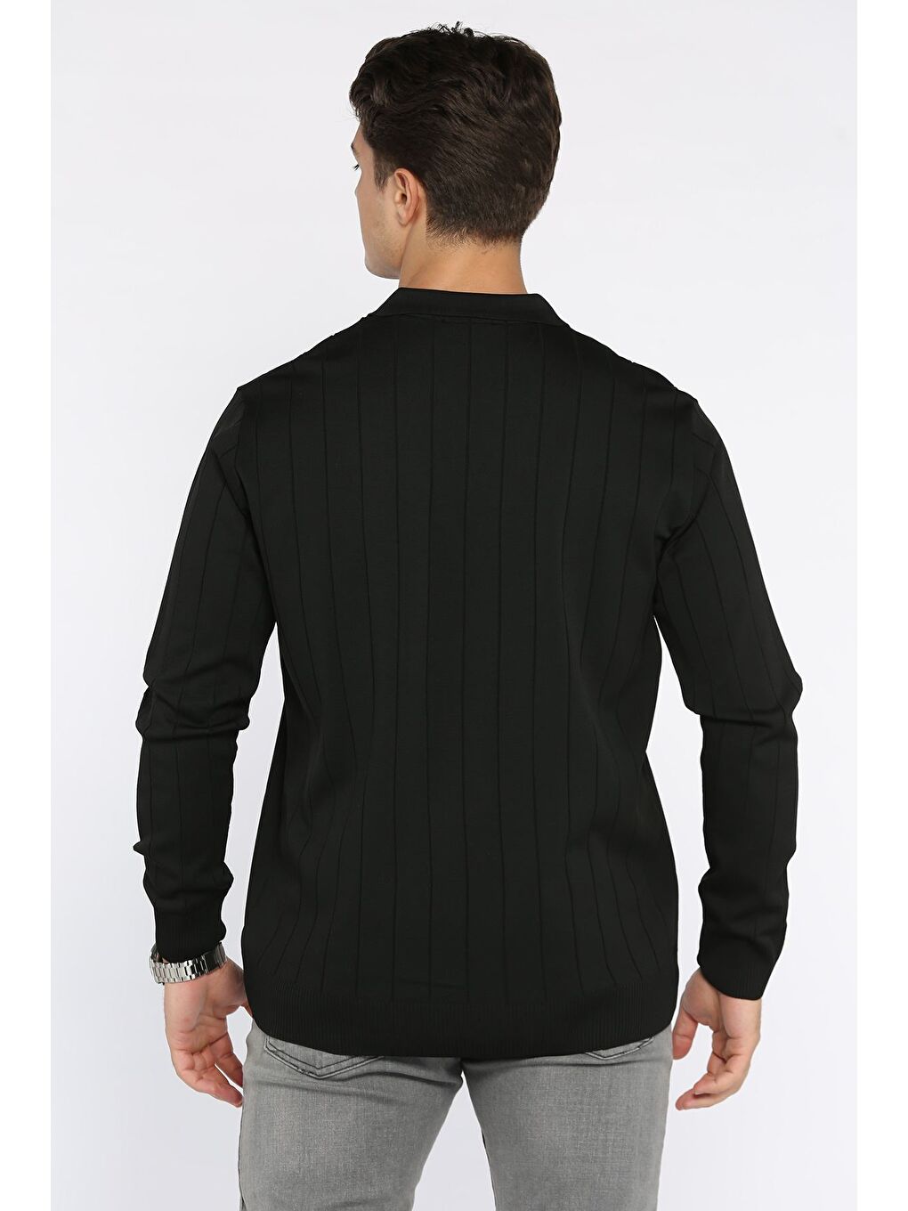 Siyah Polo Yaka Yarım Fermuarlı Erkek Triko Kazak-2