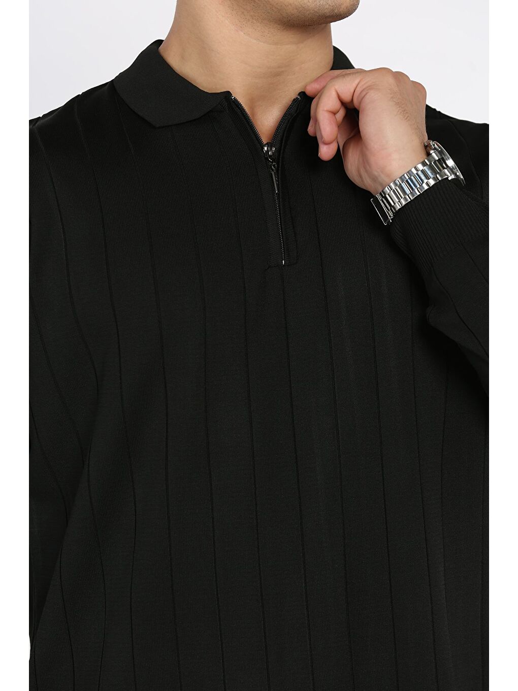 Siyah Polo Yaka Yarım Fermuarlı Erkek Triko Kazak-3