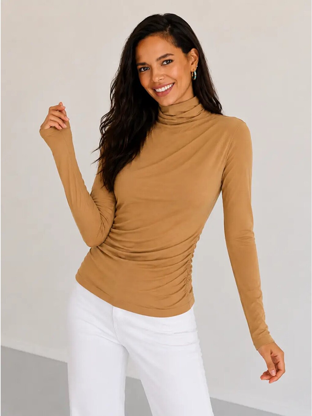 Kahverengi Kadın Camel Drapeli Boğazlı Uzun Kollu Esnek Fit Bluz-2