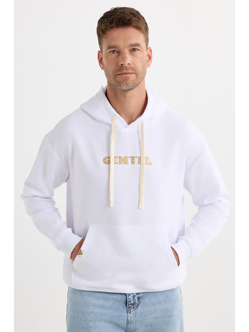 Erkek Oversize Geniş Kesim Pamuklu Baskılı Beyaz Kapüşonlu Sweatshirt