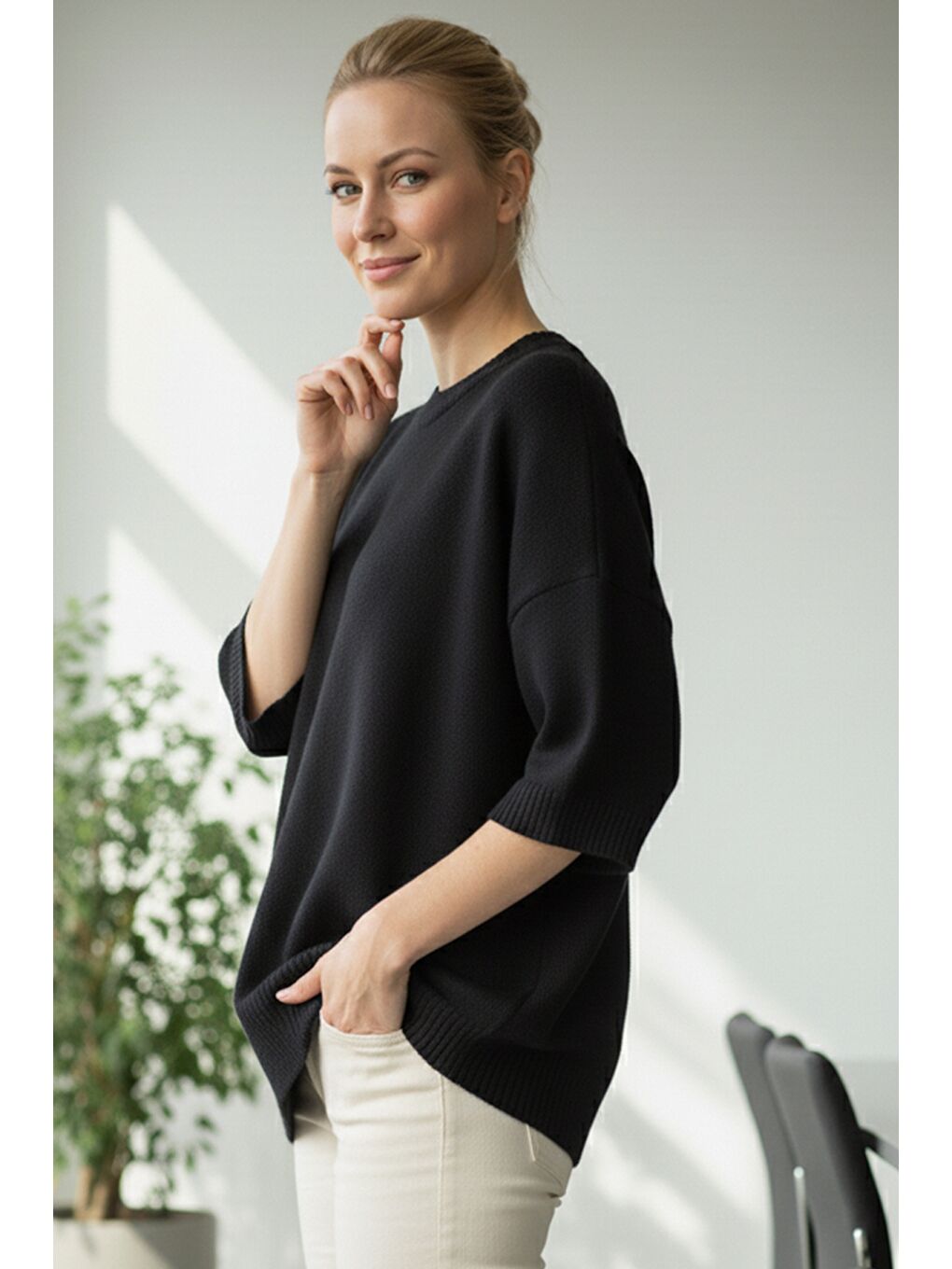 İtalyan Siyah Bisiklet Yaka Kısa Kol Casual Akrilik Geniş Kesim Oversize Triko Kazak 73 65-1