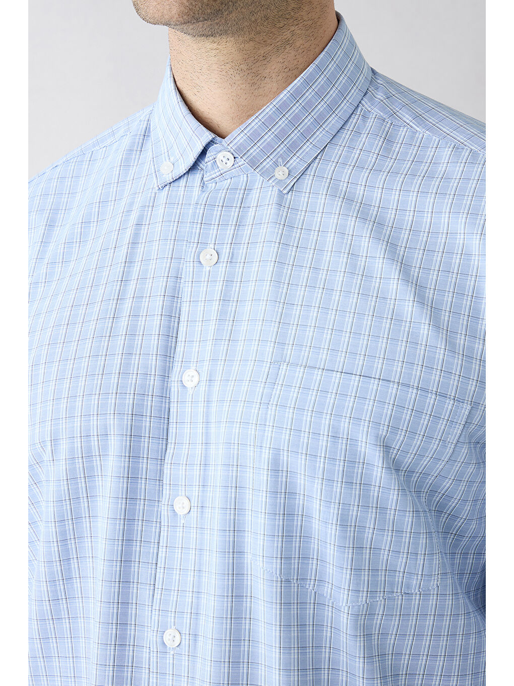 Mavi Uzun Kol Slim Fit Cepli Ekose Pamuklu Kolay Ütülenebilir Gömlek-3