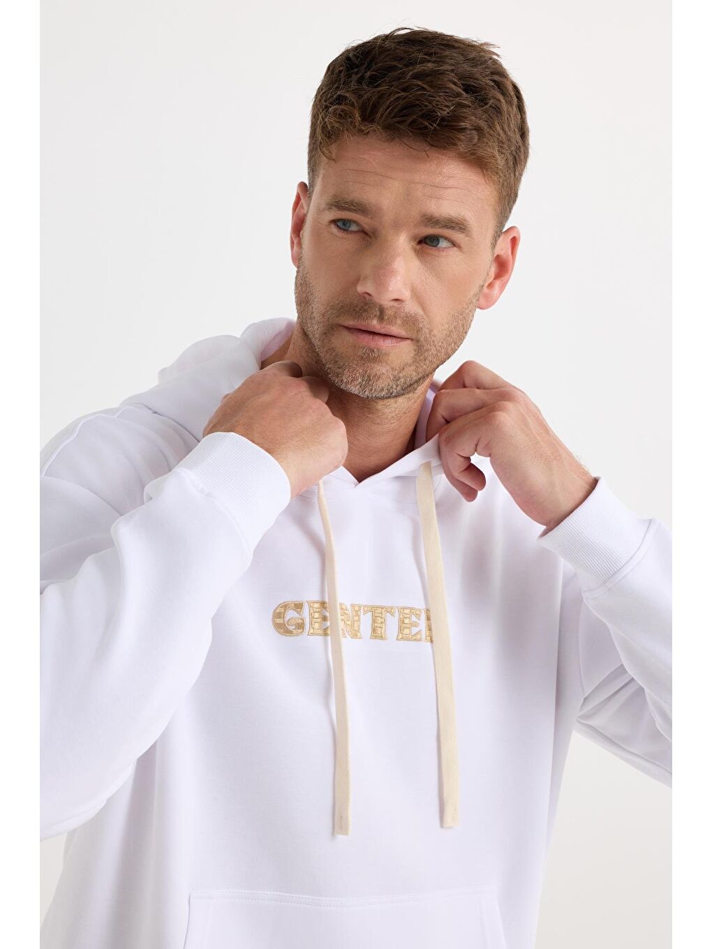 Erkek Oversize Geniş Kesim Pamuklu Baskılı Beyaz Kapüşonlu Sweatshirt-1