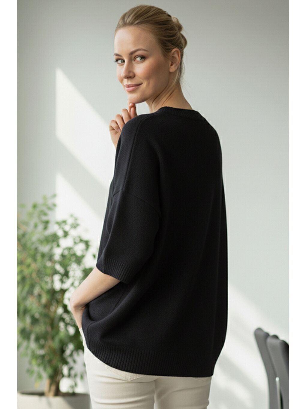 İtalyan Siyah Bisiklet Yaka Kısa Kol Casual Akrilik Geniş Kesim Oversize Triko Kazak 73 65-2