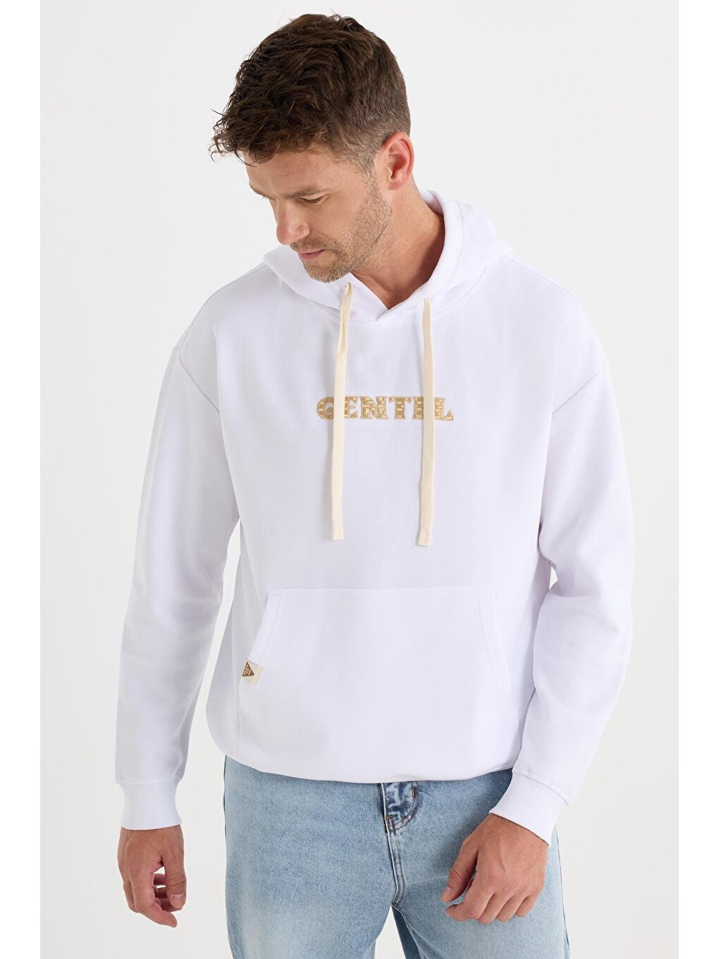 Erkek Oversize Geniş Kesim Pamuklu Baskılı Beyaz Kapüşonlu Sweatshirt-3