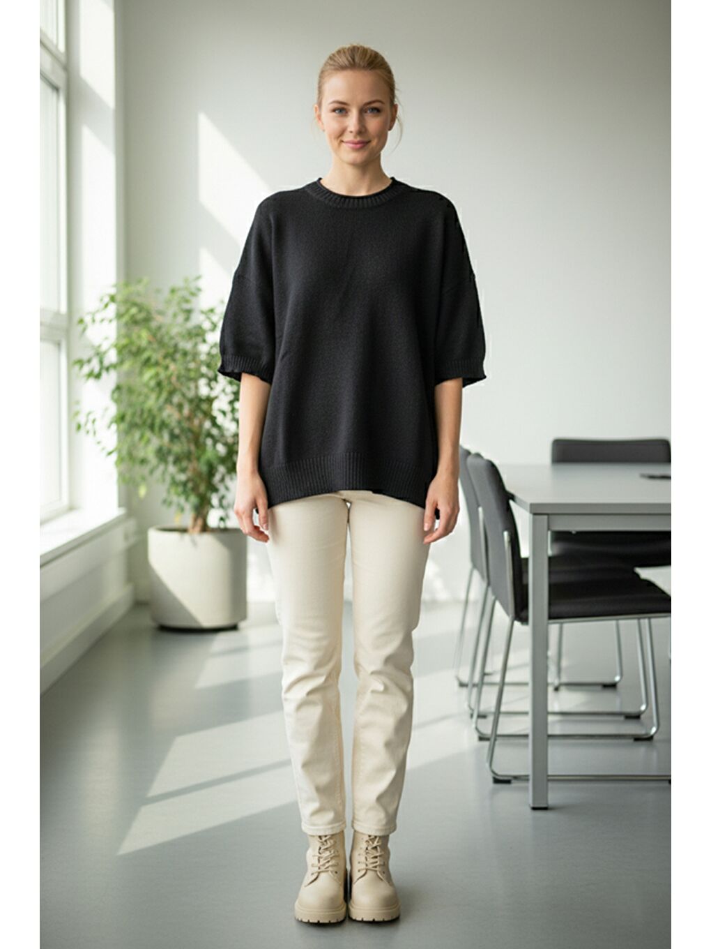 İtalyan Siyah Bisiklet Yaka Kısa Kol Casual Akrilik Geniş Kesim Oversize Triko Kazak 73 65-3