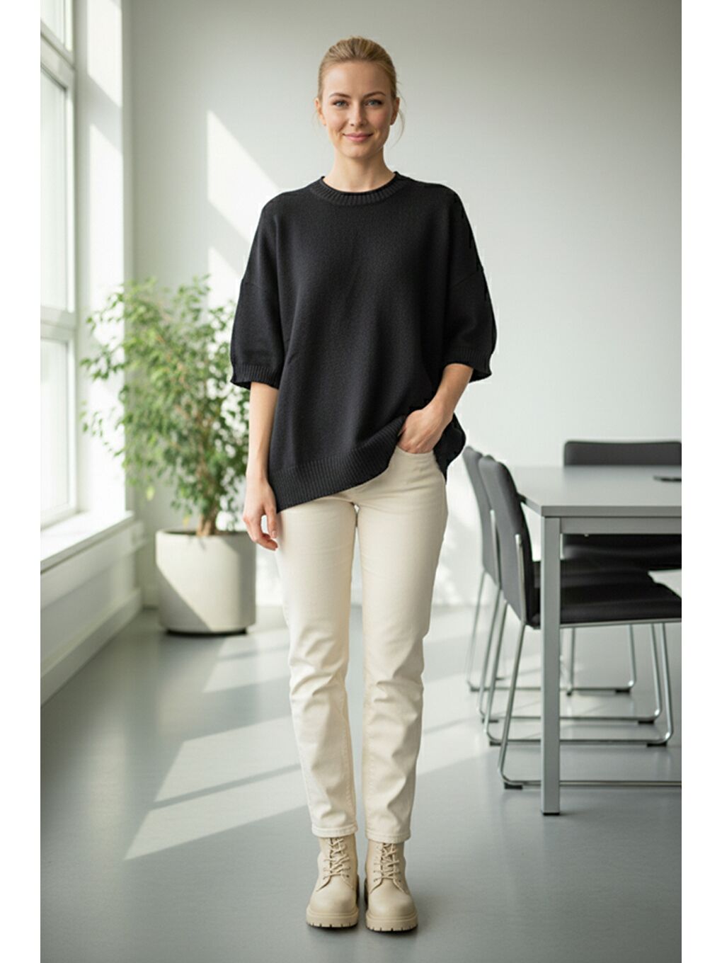 İtalyan Siyah Bisiklet Yaka Kısa Kol Casual Akrilik Geniş Kesim Oversize Triko Kazak 73 65-4