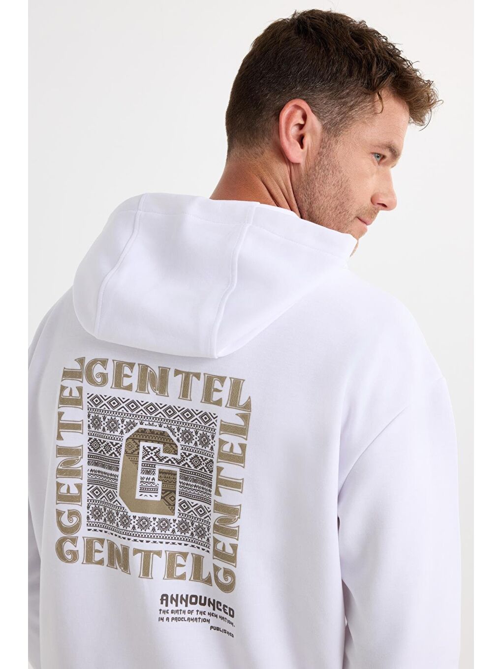 Erkek Oversize Geniş Kesim Pamuklu Baskılı Beyaz Kapüşonlu Sweatshirt-5