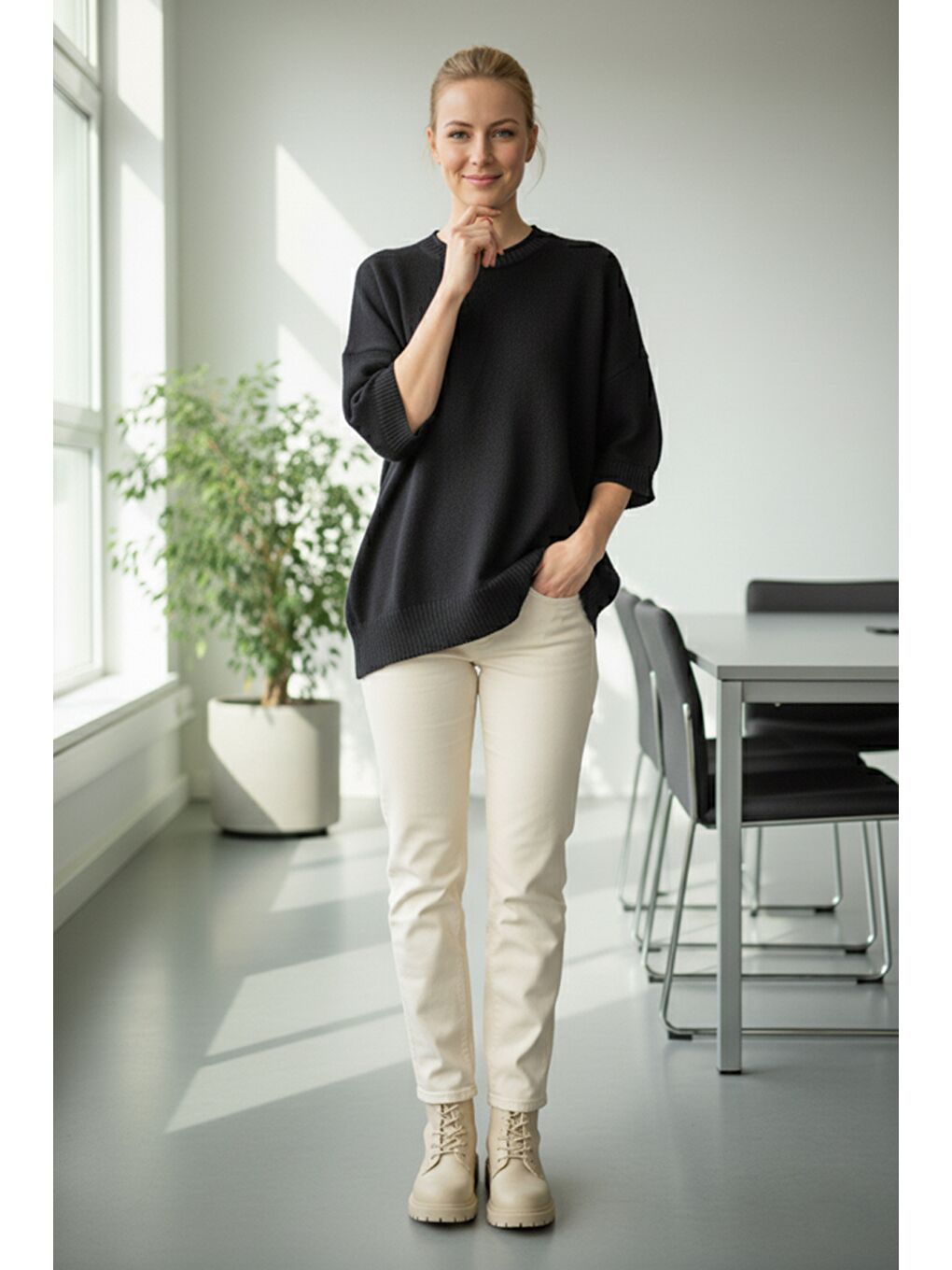 İtalyan Siyah Bisiklet Yaka Kısa Kol Casual Akrilik Geniş Kesim Oversize Triko Kazak 73 65-5