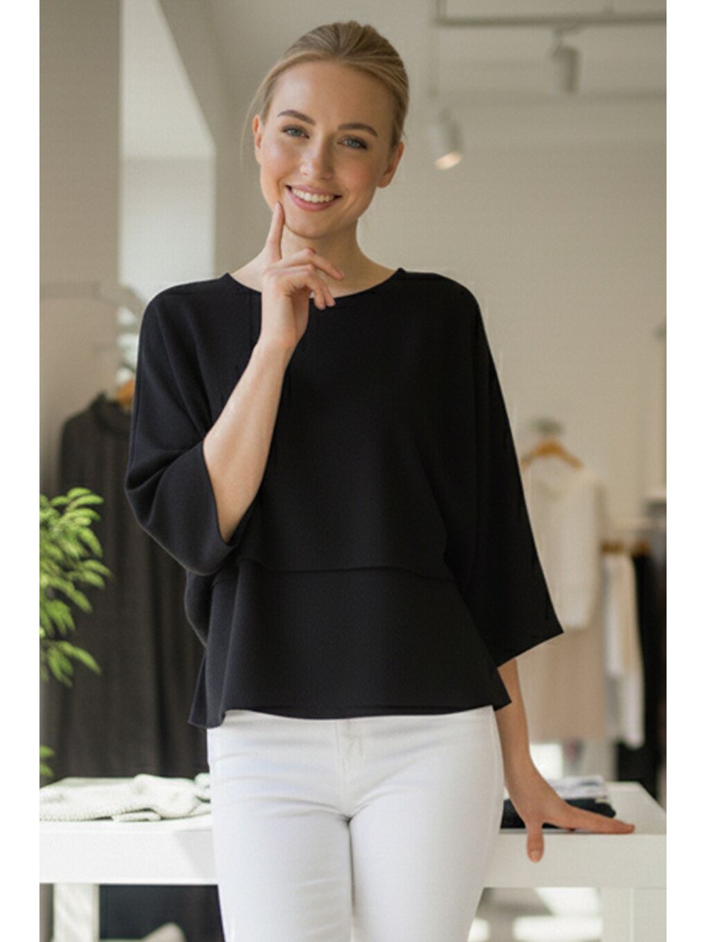 İtalyan Siyah Bisiklet Yaka Kısa Kol Casual Akrilik Geniş Kesim Oversize Triko Kazak 73 65-6