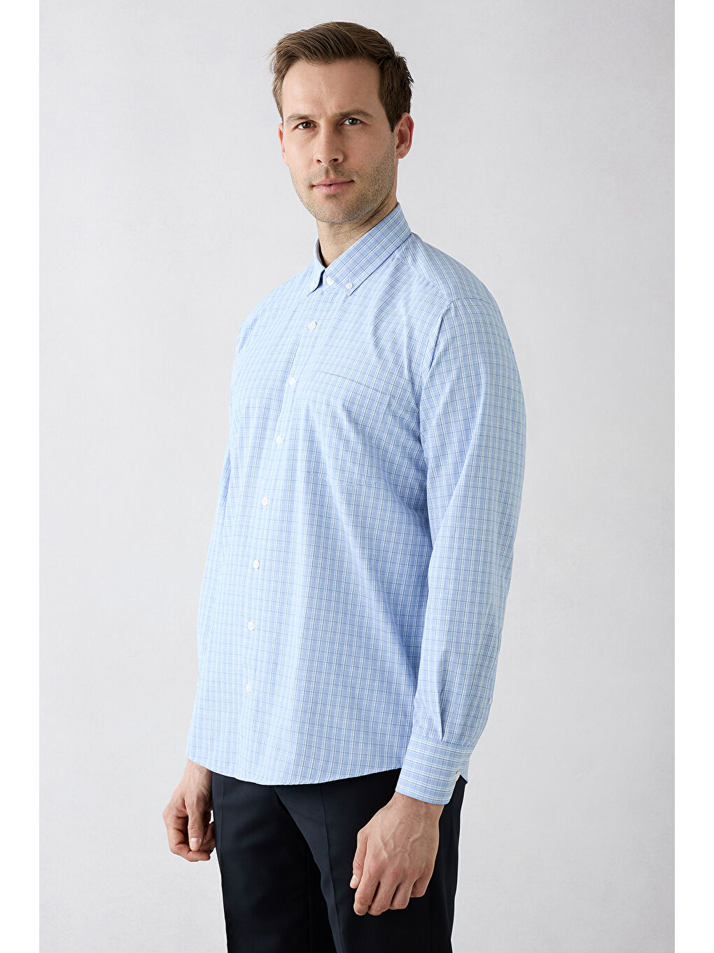 Mavi Uzun Kol Slim Fit Cepli Ekose Pamuklu Kolay Ütülenebilir Gömlek-4