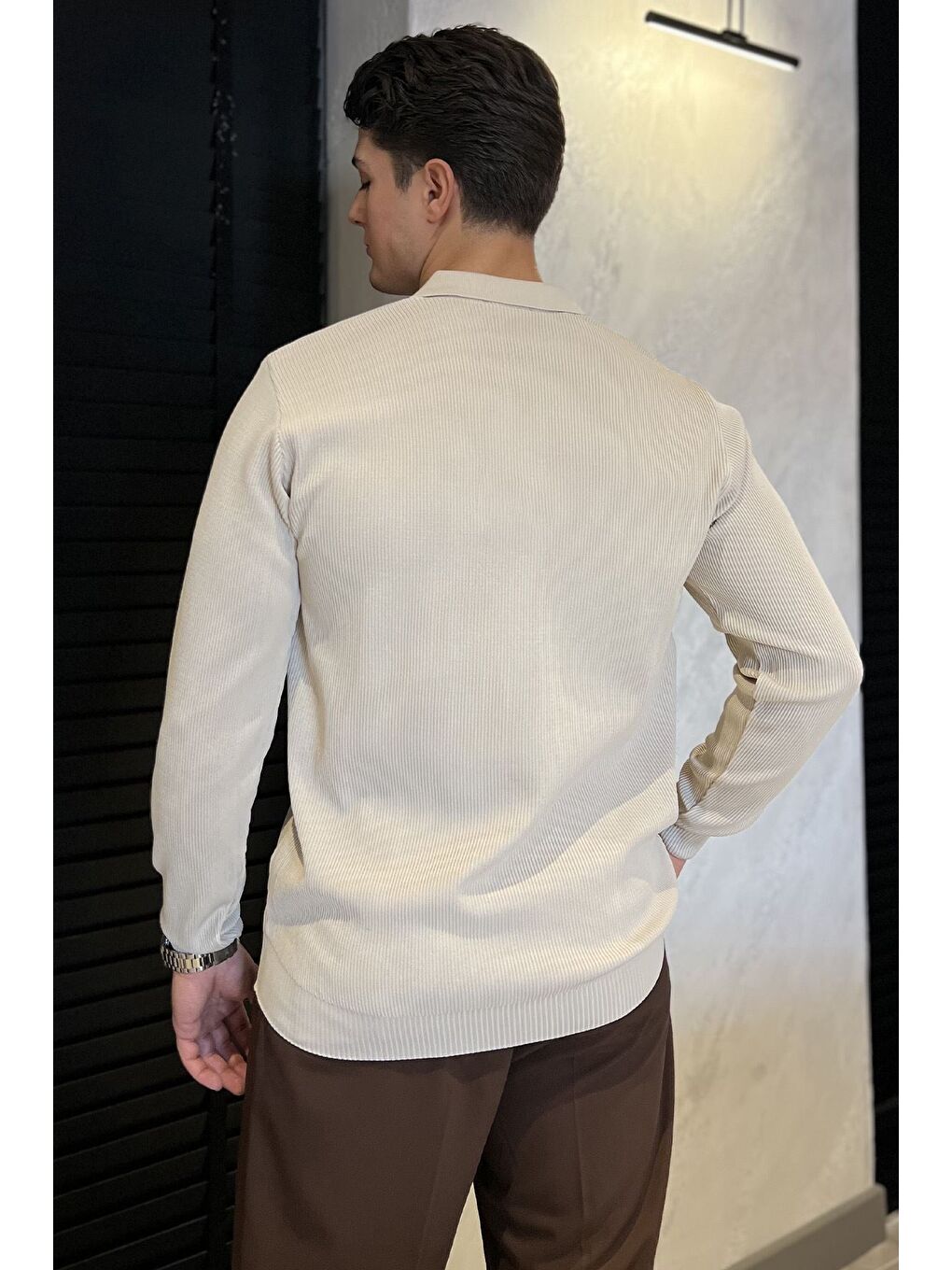 Bej Erkek Polo Yaka Çizgi Desenli Yarım Fermuarlı Triko Kazak-2