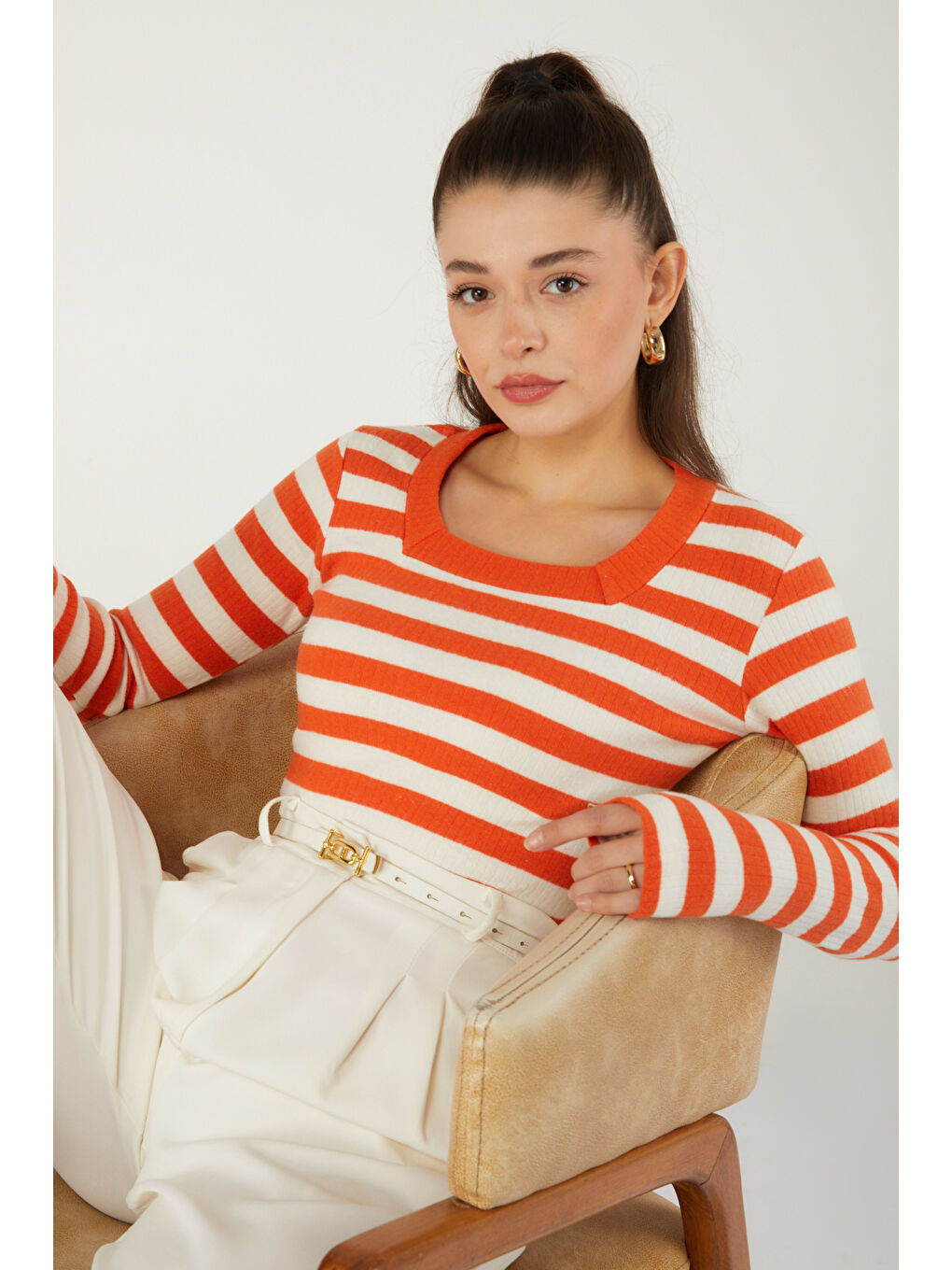 Çizgili Bluz Turuncu - 26523-2
