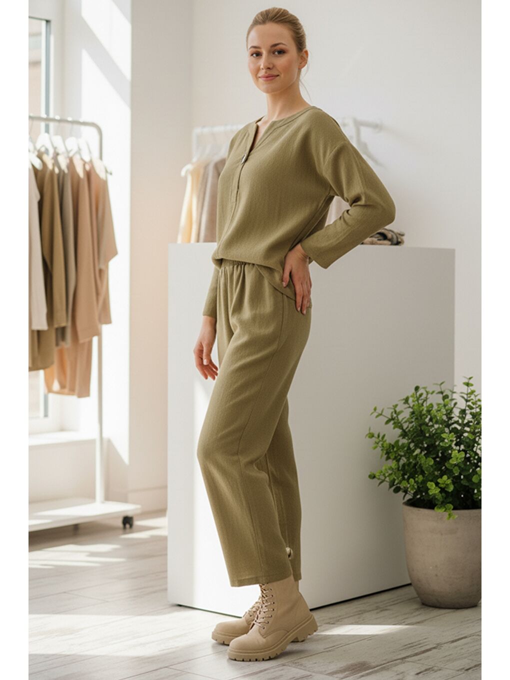 Sarı İtalyan Hardal Uzun Kol Lastikli Bel İnce Fitilli Kadife Dokuma Alt Üst Takım 67/64 103/58-2