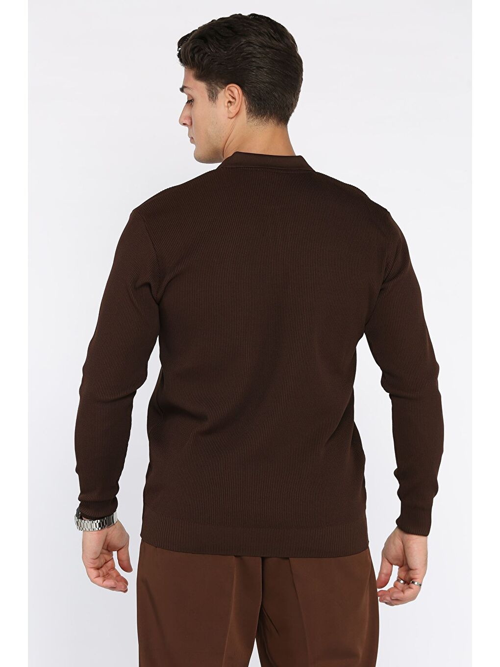 Kahverengi Erkek Polo Yaka Çizgi Desenli Yarım Fermuarlı Triko Kazak-2