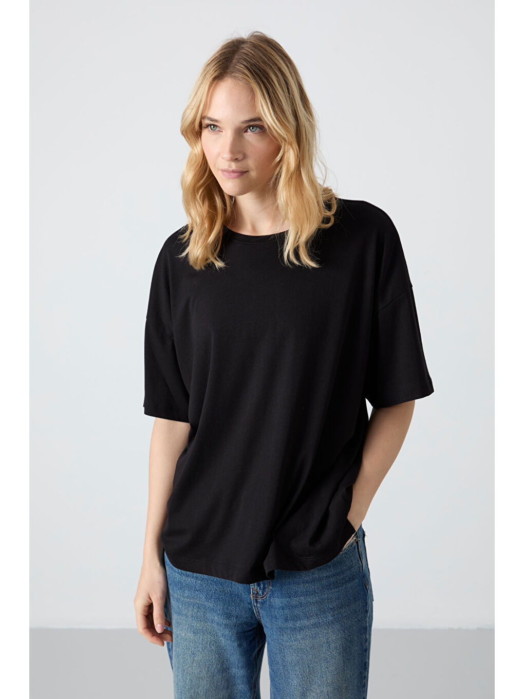 Oversize Fit Basic O Yaka 3lü Paket Siyah Kadın T-Shirt  97285-2