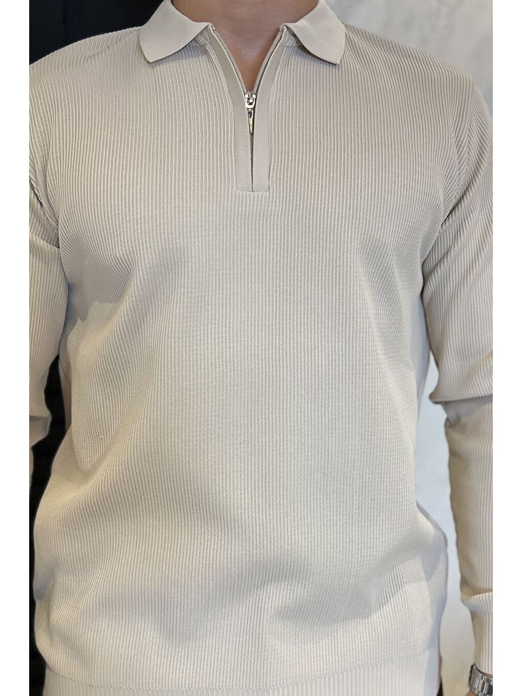 Bej Erkek Polo Yaka Çizgi Desenli Yarım Fermuarlı Triko Kazak-3