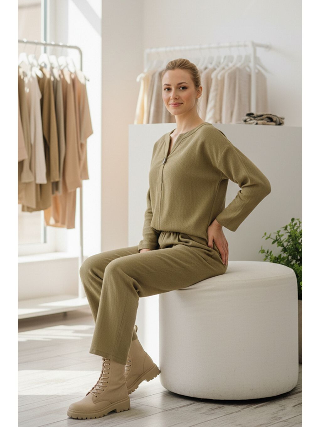 Sarı İtalyan Hardal Uzun Kol Lastikli Bel İnce Fitilli Kadife Dokuma Alt Üst Takım 67/64 103/58-3