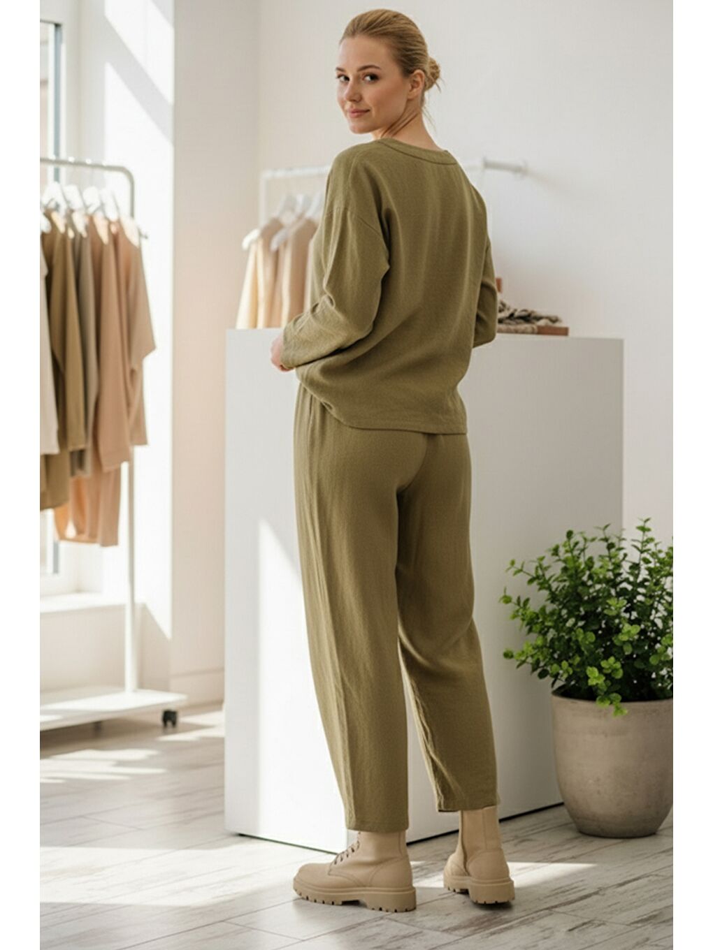 Sarı İtalyan Hardal Uzun Kol Lastikli Bel İnce Fitilli Kadife Dokuma Alt Üst Takım 67/64 103/58-4