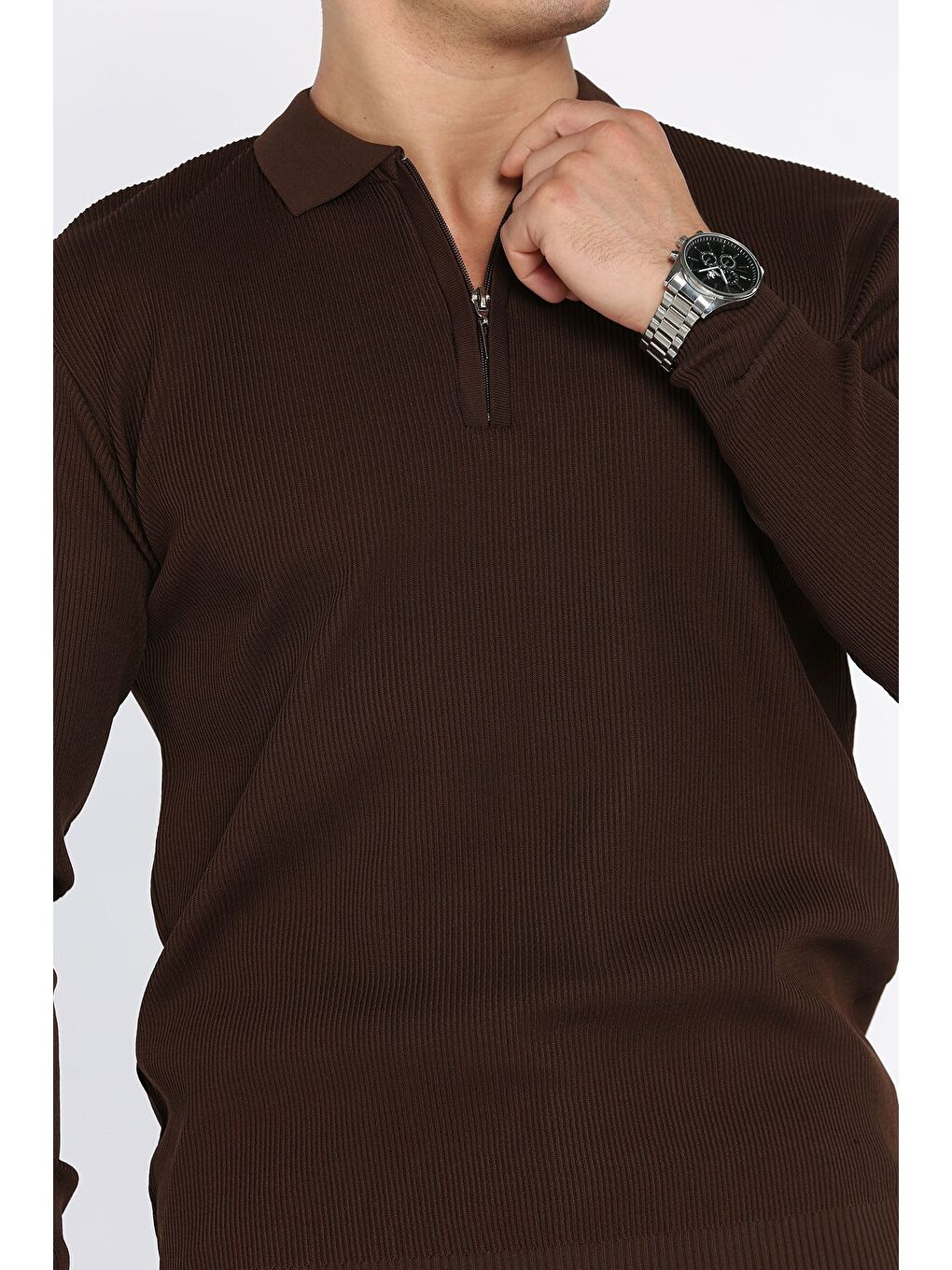 Kahverengi Erkek Polo Yaka Çizgi Desenli Yarım Fermuarlı Triko Kazak-3