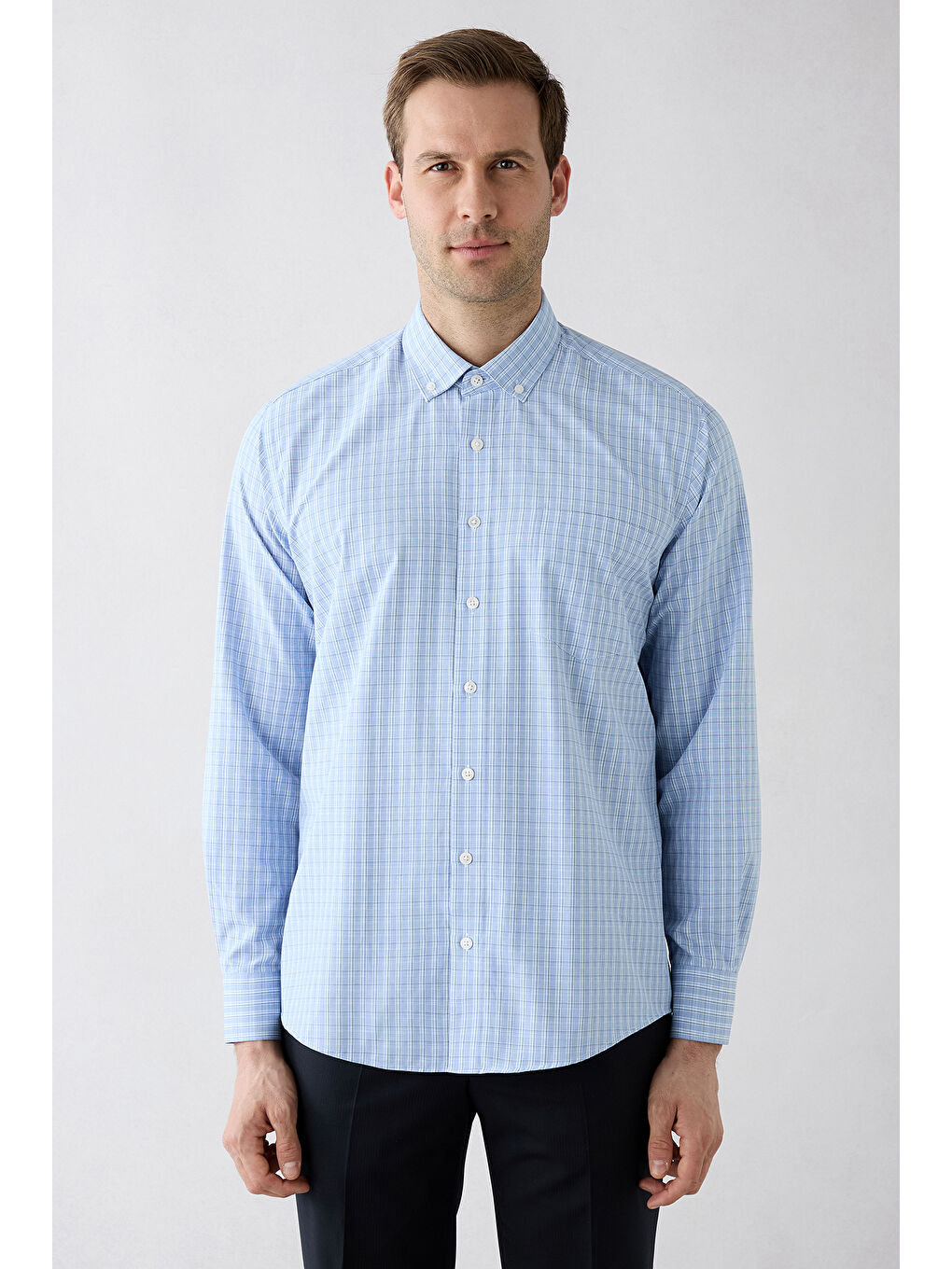 Mavi Uzun Kol Slim Fit Cepli Ekose Pamuklu Kolay Ütülenebilir Gömlek-5