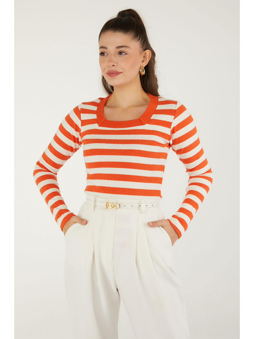 Çizgili Bluz Turuncu - 26523-3