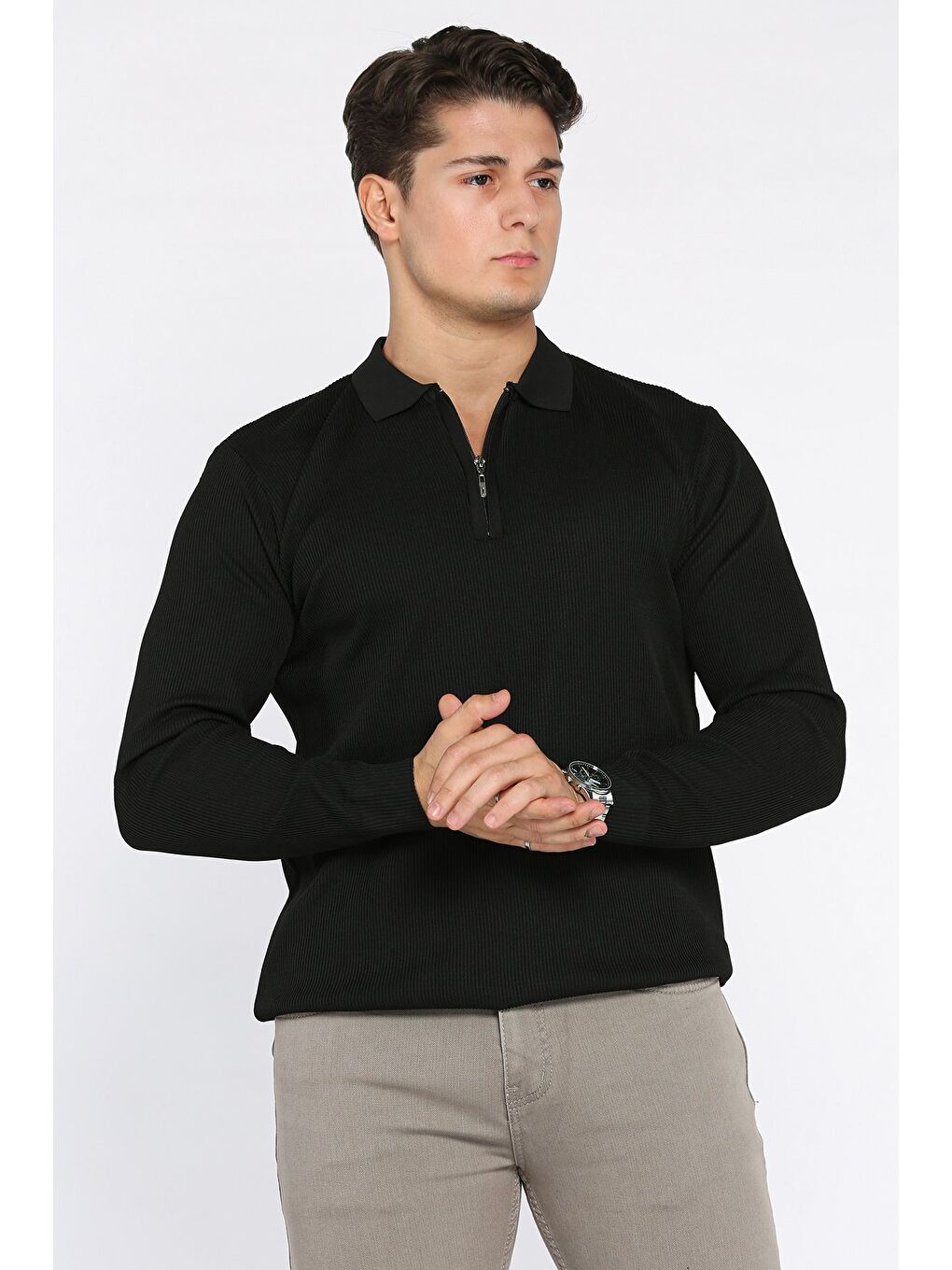 Siyah Erkek Polo Yaka Çizgi Desenli Yarım Fermuarlı Triko Kazak