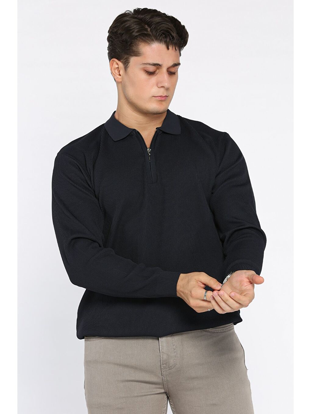 Lacivert Erkek Polo Yaka Çizgi Desenli Yarım Fermuarlı Triko Kazak