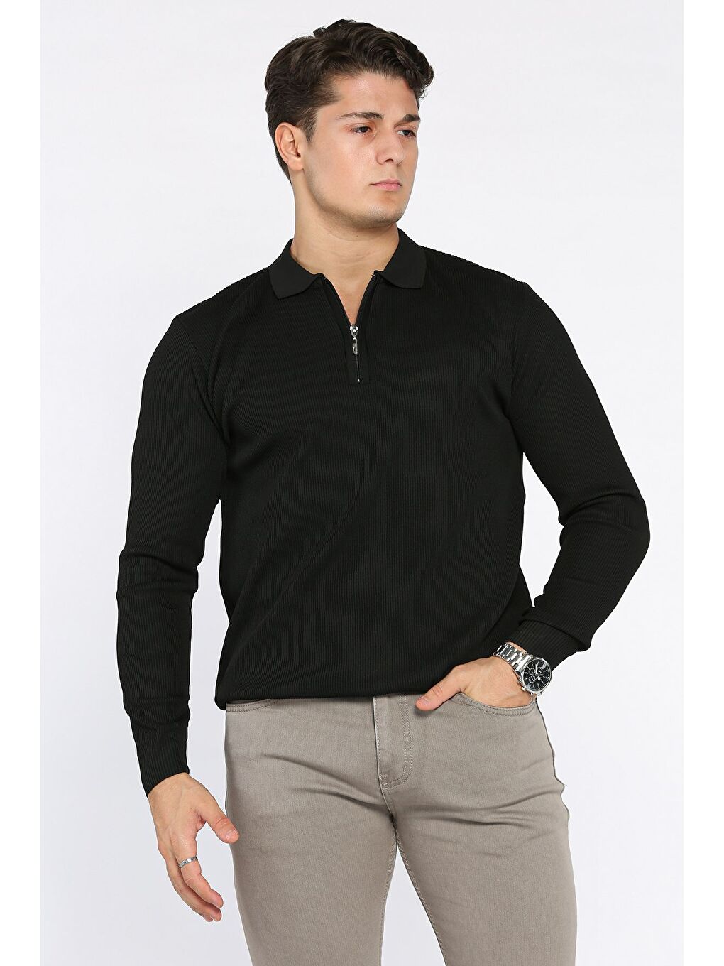 Siyah Erkek Polo Yaka Çizgi Desenli Yarım Fermuarlı Triko Kazak-1
